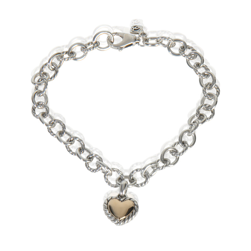 Yellow Gold & Sterling Silver  Cable Heart Charm Bracelet