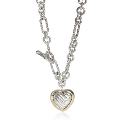 Yellow Gold & Sterling Silver  Figaro Heart Charm Necklace