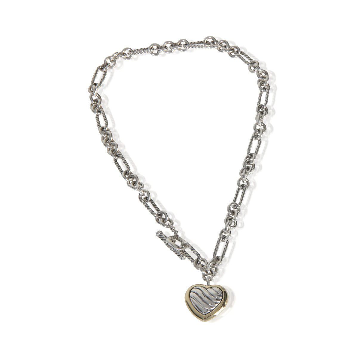 Yellow Gold & Sterling Silver  Figaro Heart Charm Necklace