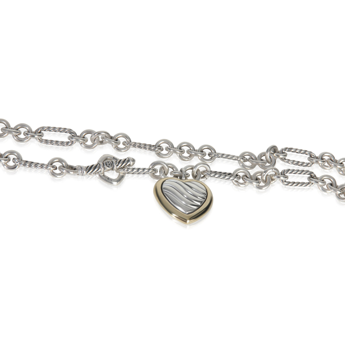 Yellow Gold & Sterling Silver  Figaro Heart Charm Necklace