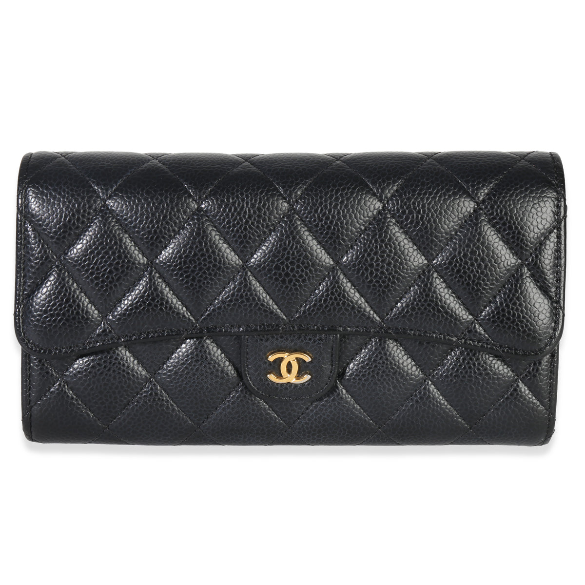 Black Quilted Caviar Large Gusset Flap Wallet