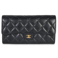 Black Quilted Caviar Large Gusset Flap Wallet