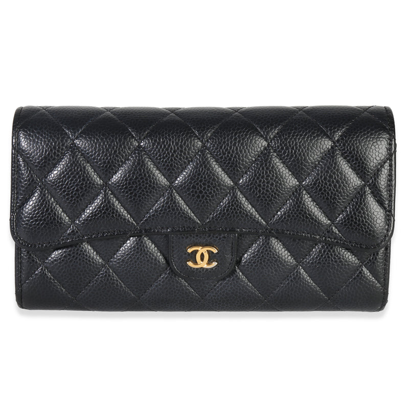 Black Quilted Caviar Large Gusset Flap Wallet