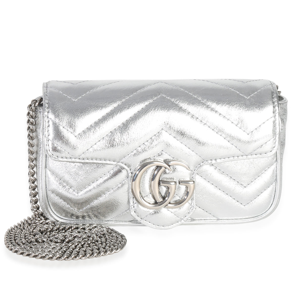 Gucci Silver Matelasse Calfskin Monochrome GG Marmont Chain Bag Handbag id