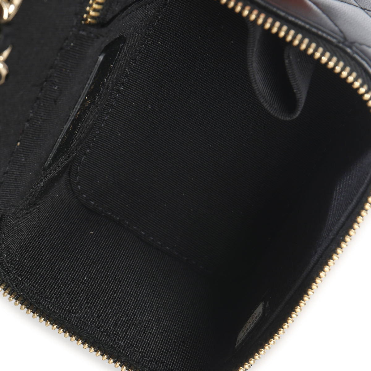 Chanel Black Quilted Lambskin Camelia Bow Chain Mini Vanity Case Handbag ad1