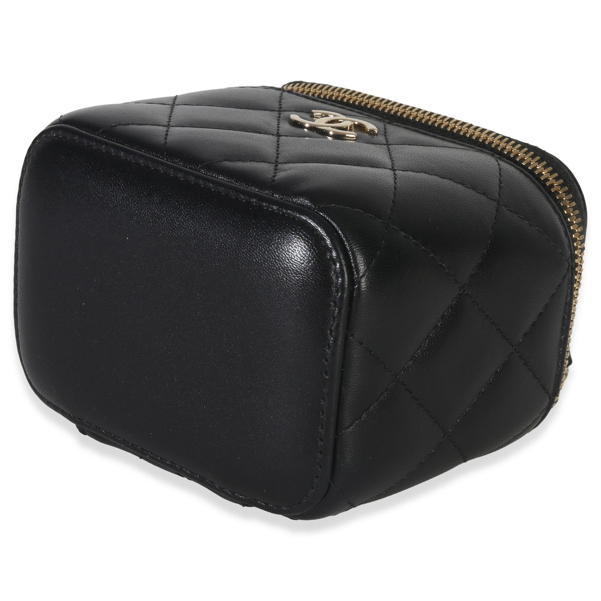 Chanel Black Quilted Lambskin Camelia Bow Chain Mini Vanity Case Handbag box