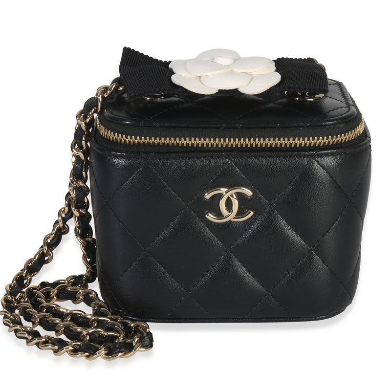 Chanel Black Quilted Lambskin Camelia Bow Chain Mini Vanity Case Handbag fv