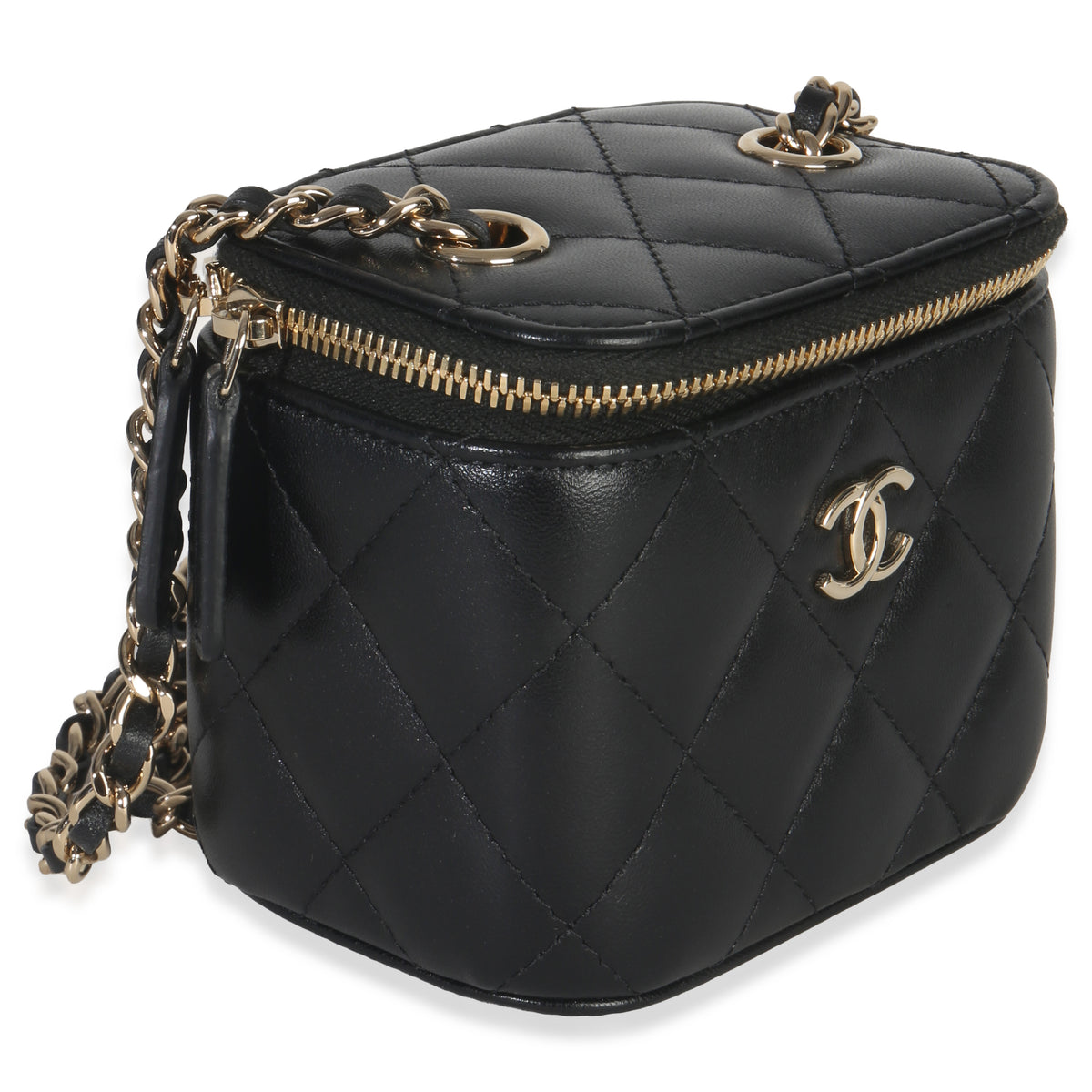 Chanel Black Quilted Lambskin Camelia Bow Chain Mini Vanity Case Handbag pv