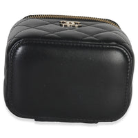 Chanel Black Quilted Lambskin Camelia Bow Chain Mini Vanity Case Handbag stamp