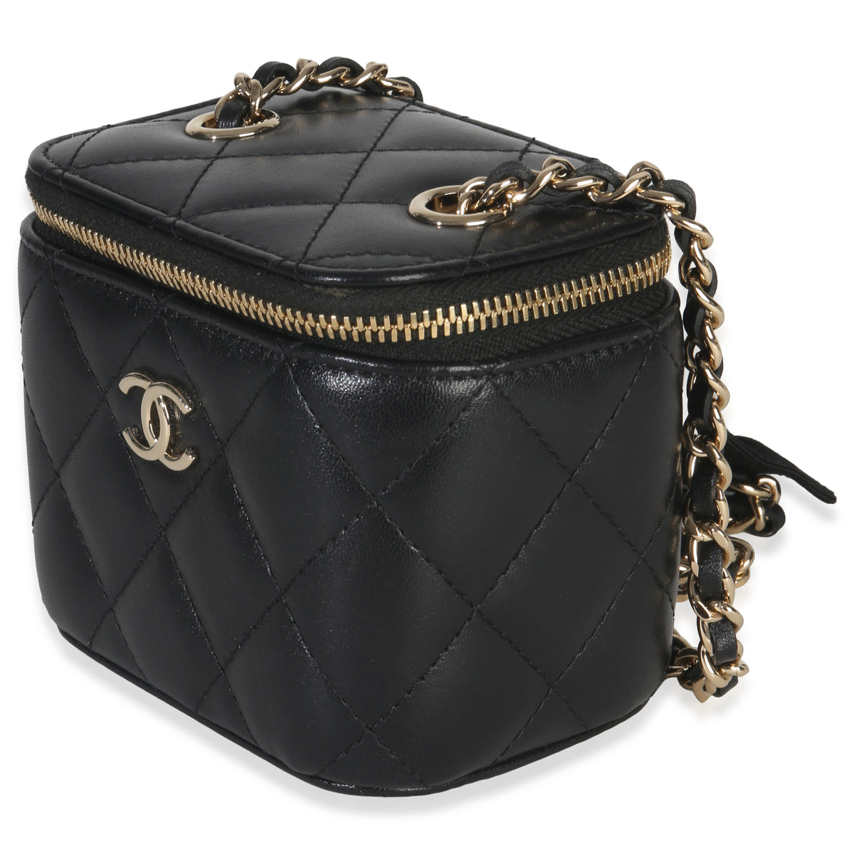 Chanel Black Quilted Lambskin Camelia Bow Chain Mini Vanity Case Handbag sv