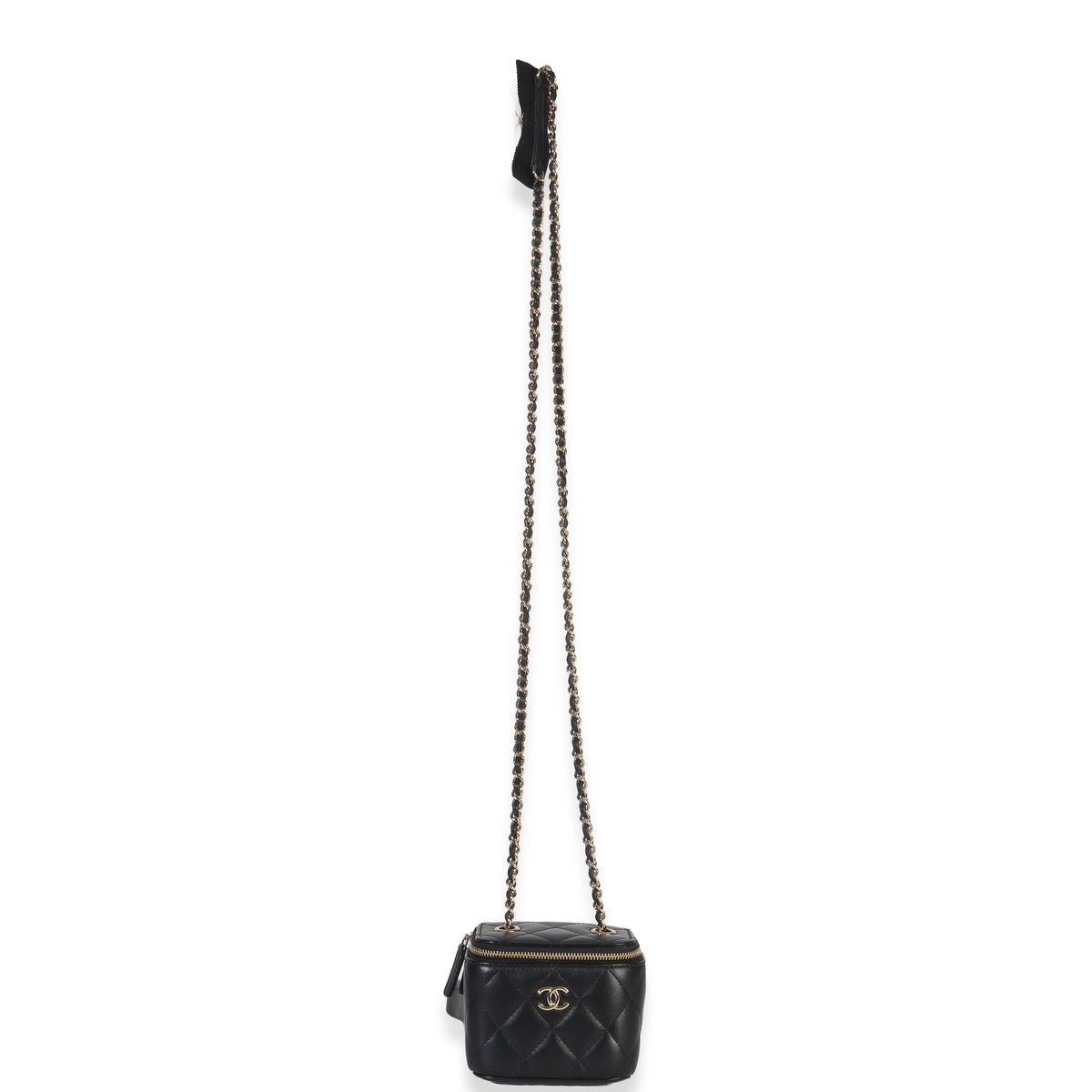 Chanel Black Quilted Lambskin Camellia Bow Chain Mini Vanity Case Handbag av