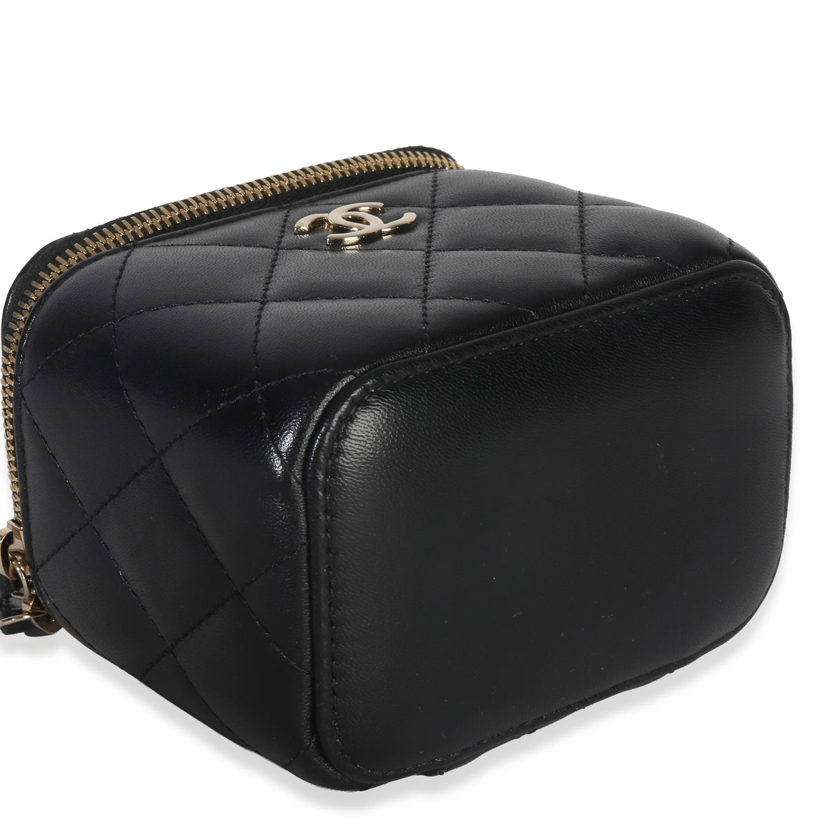 Chanel Black Quilted Lambskin Camellia Bow Chain Mini Vanity Case Handbag clasp