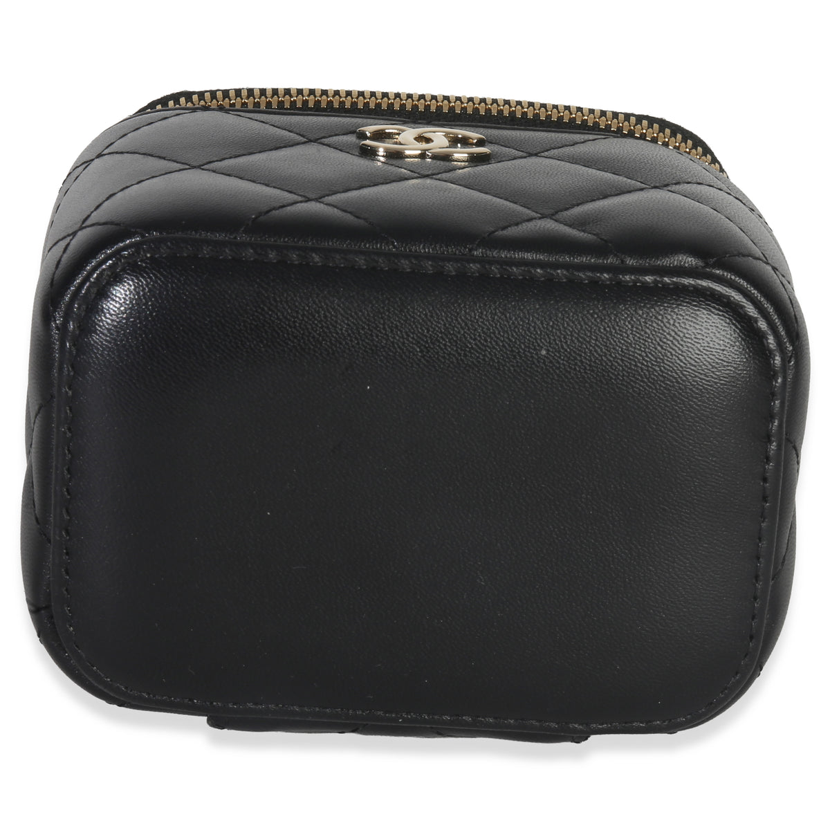 Chanel Black Quilted Lambskin Camellia Bow Chain Mini Vanity Case Handbag stamp