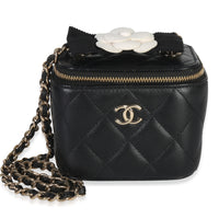 Black Quilted Lambskin Camelia Bow Chain Mini Vanity Case