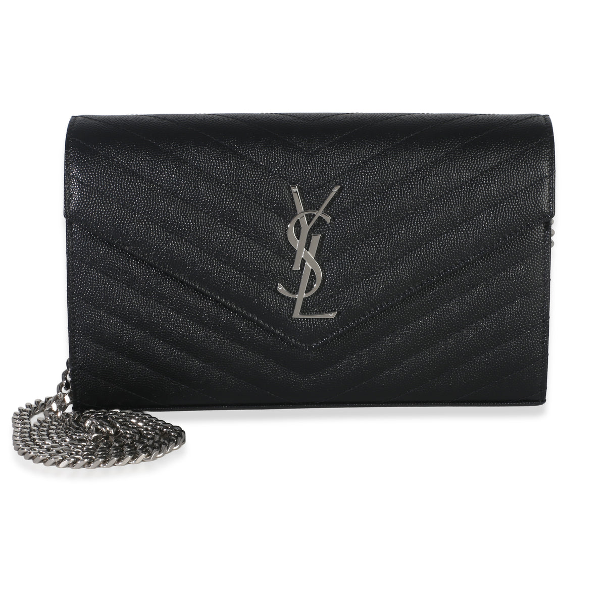 Saint Laurent Black Grain De Poudre Cassandre Chain Wallet Handbag fv