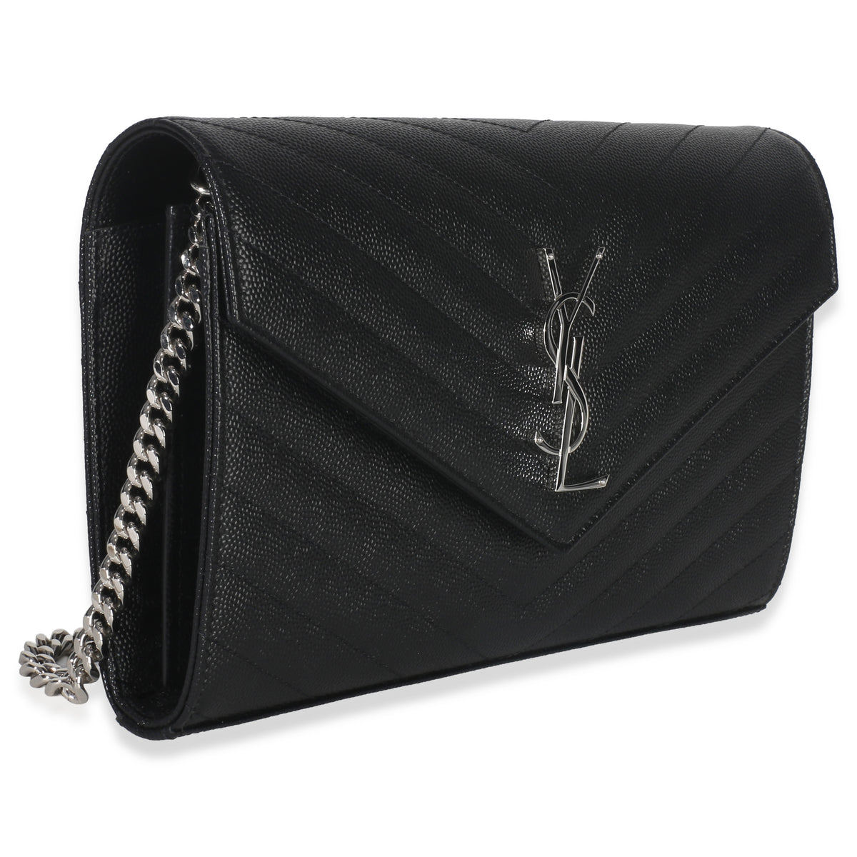 Saint Laurent Black Grain De Poudre Cassandre Chain Wallet Handbag pv