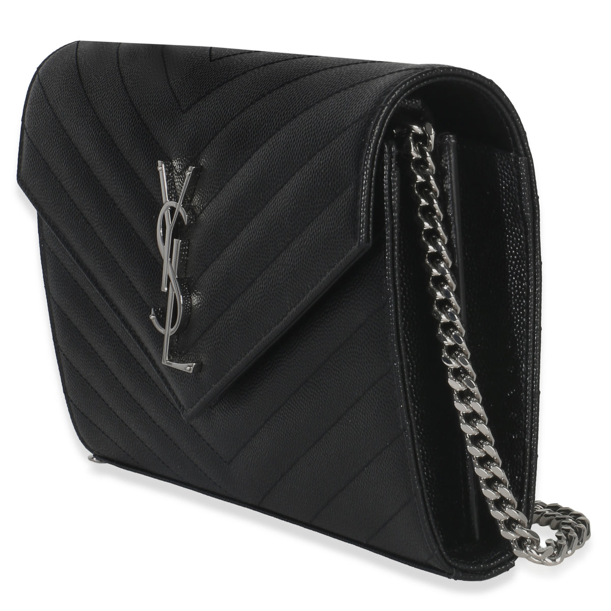 Saint Laurent Black Grain De Poudre Cassandre Chain Wallet Handbag sv