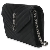 Saint Laurent Black Grain De Poudre Cassandre Chain Wallet Handbag sv
