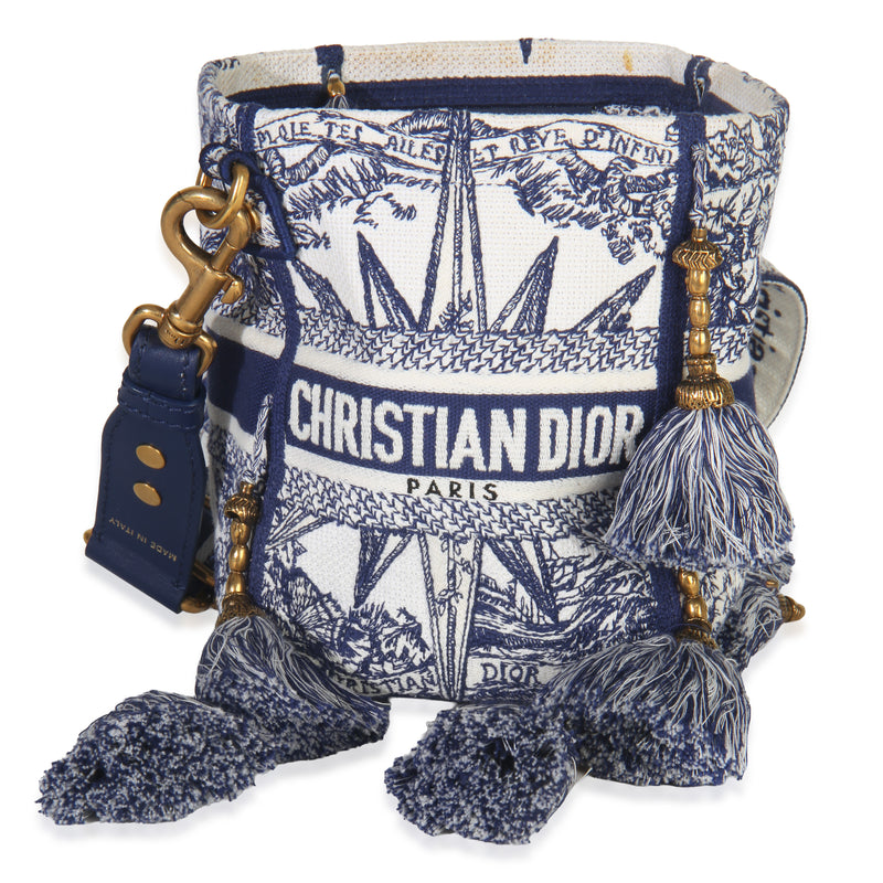 Christian Dior Blue Toile de Jouy Embroidery D Bubble Bucket Bag Handbag fv