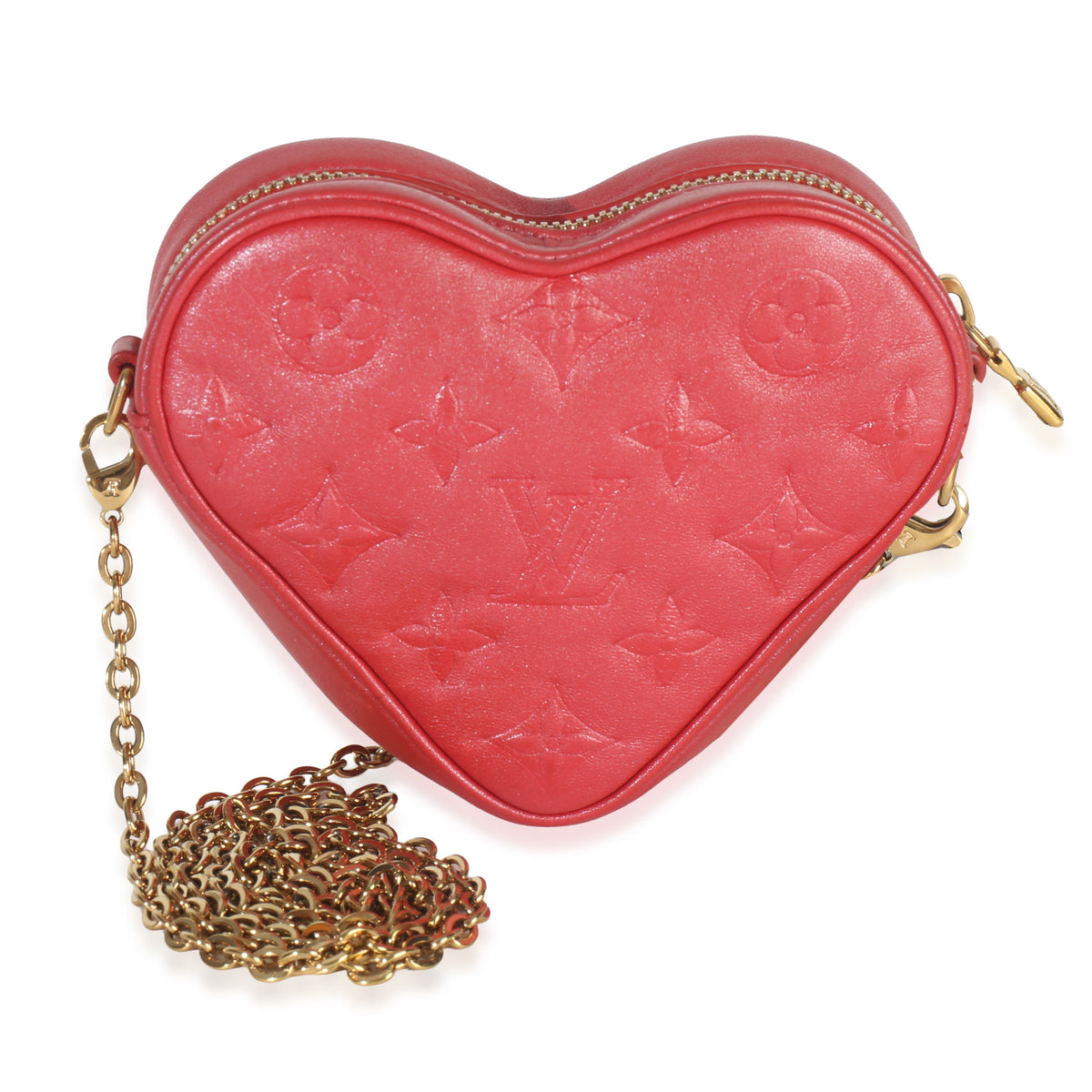 Louis Vuitton Red Monogram Lambskin Embossed Sac Coeur Heart On Chain Bag Handbag fv