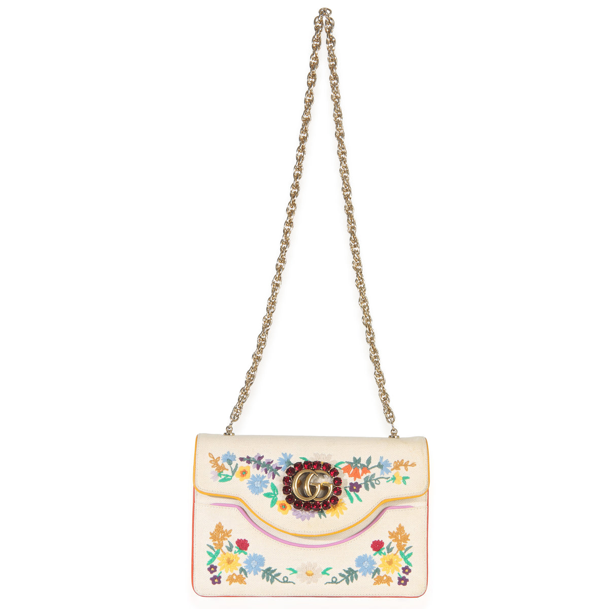 Gucci Cream Linen Ricami Floral Shoulder Bag Handbag av
