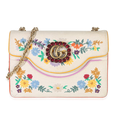 Gucci Cream Linen Ricami Floral Shoulder Bag Handbag fv