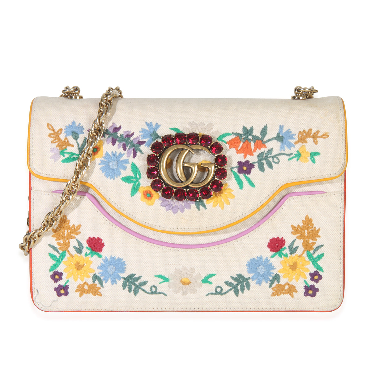 Gucci Cream Linen Ricami Floral Shoulder Bag Handbag fv