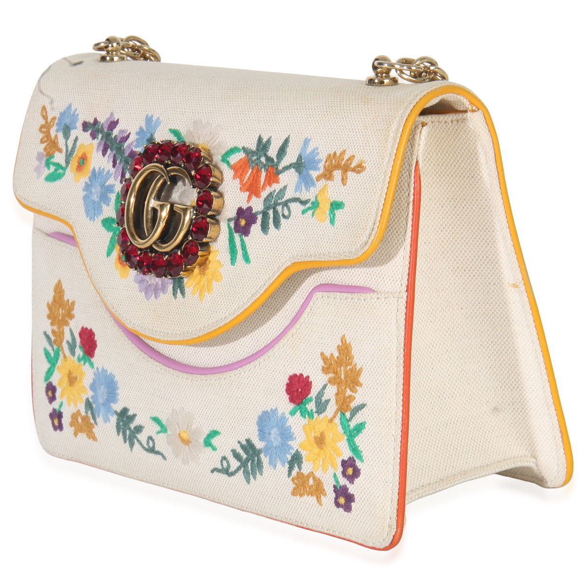 Gucci Cream Linen Ricami Floral Shoulder Bag Handbag sv