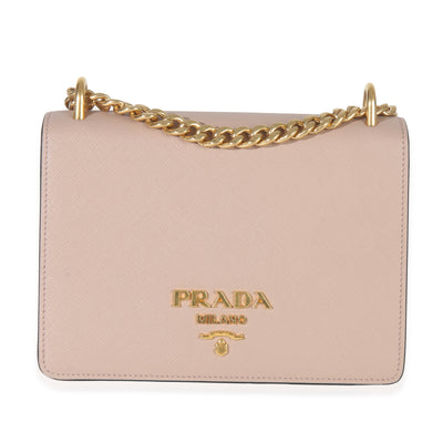 Pink Saffiano Lux Small Logo Chain Flap Bag