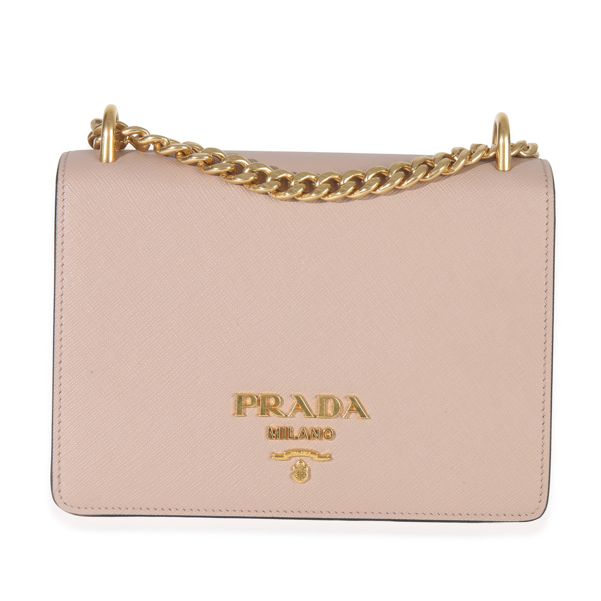 Pink Saffiano Lux Small Logo Chain Flap Bag
