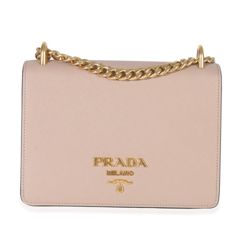 Pink Saffiano Lux Small Logo Chain Flap Bag
