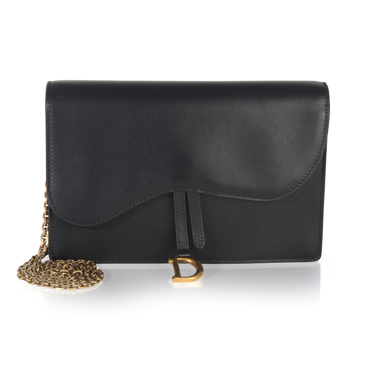 Black Smooth Calfskin Saddle Chain Clutch