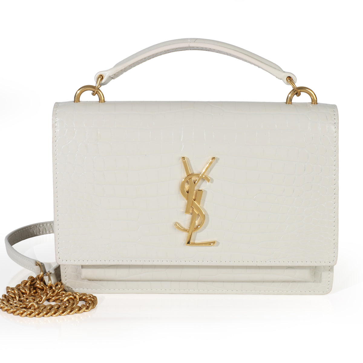 Cream Calfskin Crocodile Embossed Monogram Sunset Chain Wallet