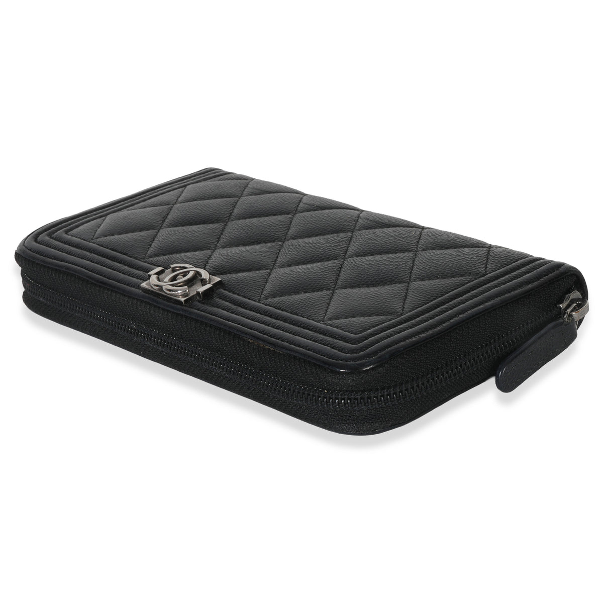 Chanel Black Quilted Caviar Zip Around Boy Long Wallet Handbag box