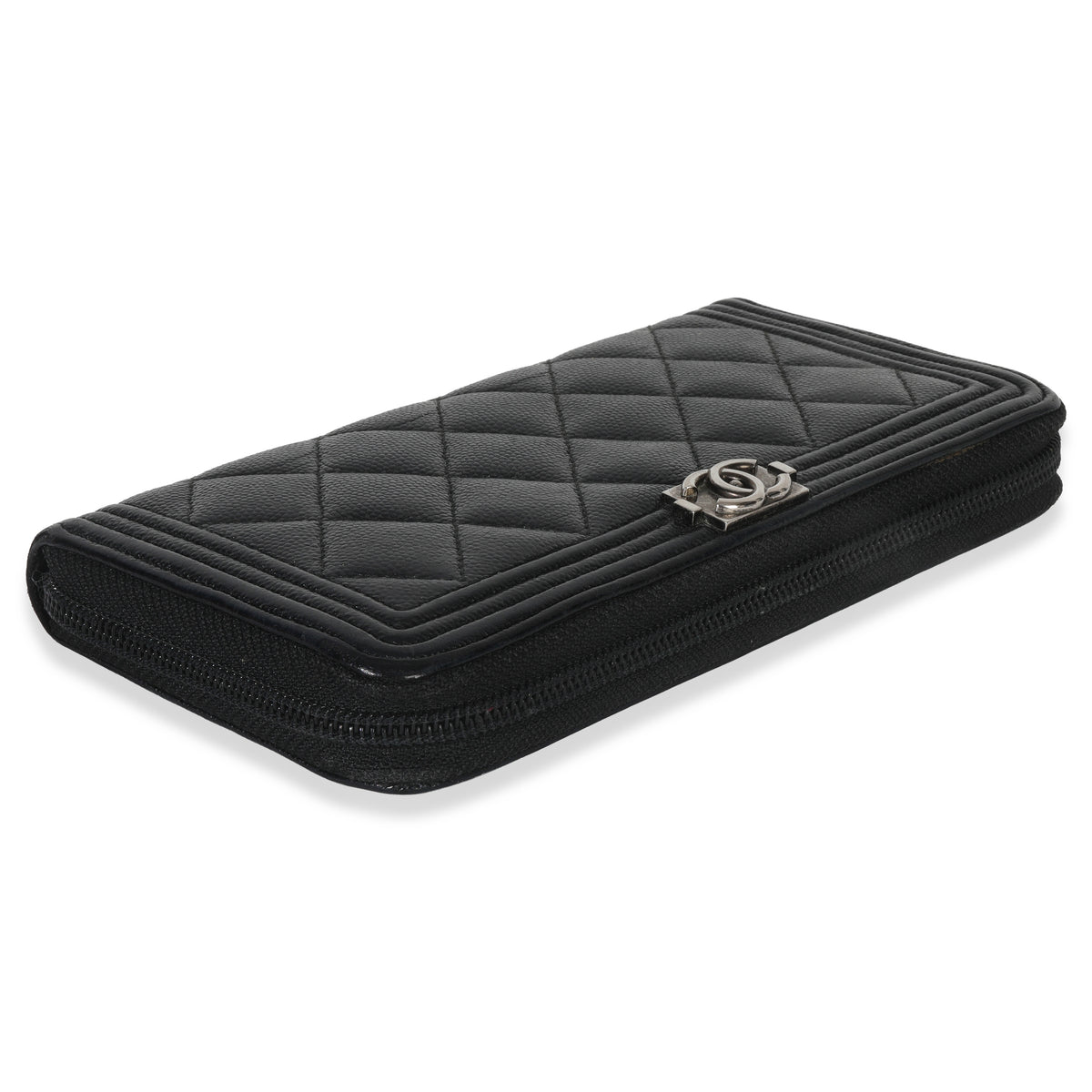 Chanel Black Quilted Caviar Zip Around Boy Long Wallet Handbag clasp