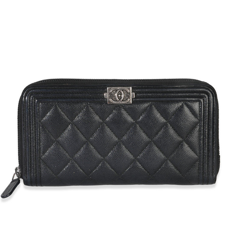 Chanel Black Quilted Caviar Zip Around Boy Long Wallet Handbag fv