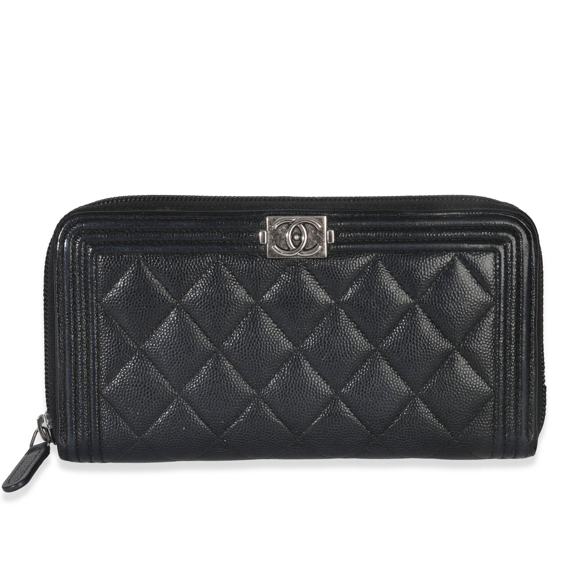 Chanel Black Quilted Caviar Zip Around Boy Long Wallet Handbag fv