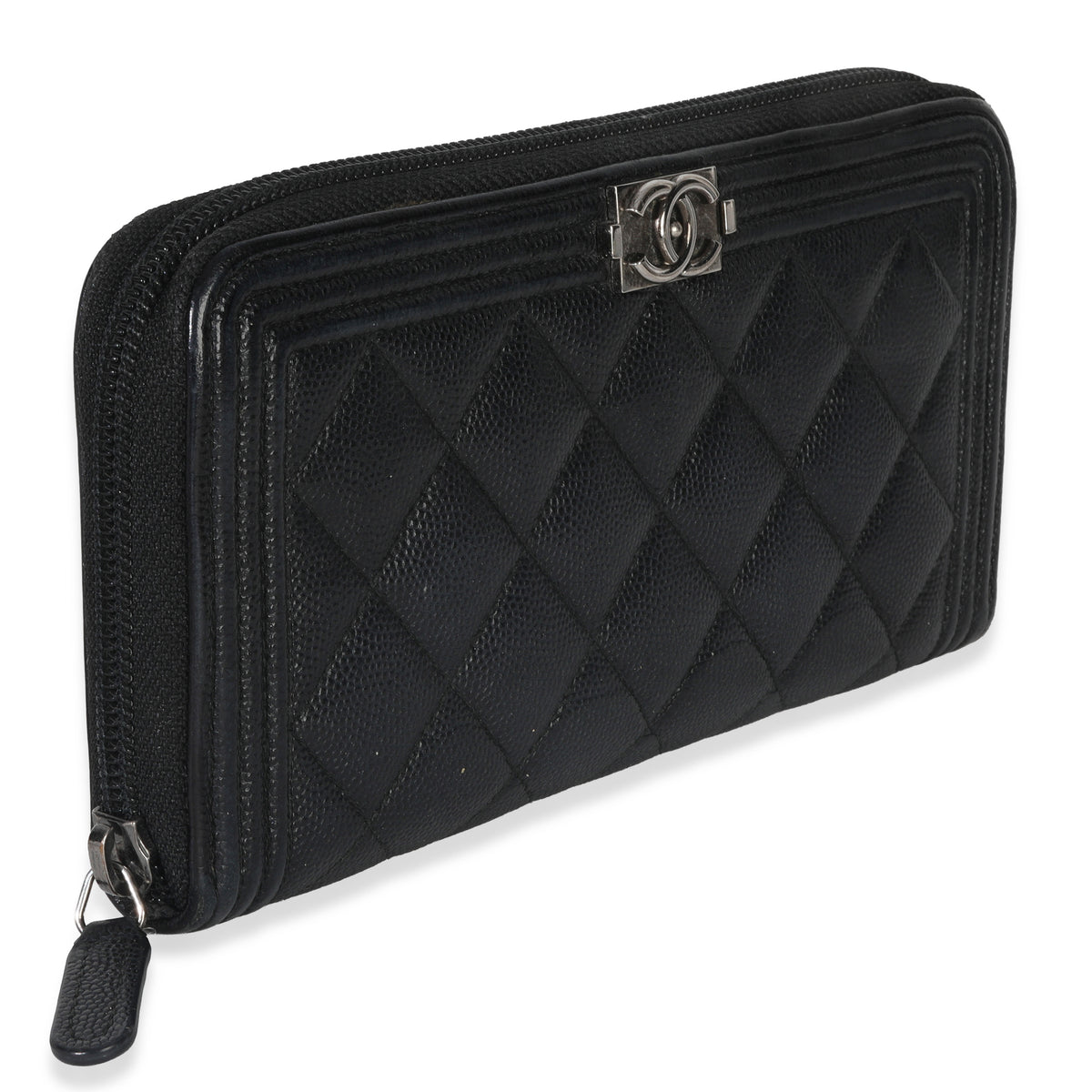 Chanel Black Quilted Caviar Zip Around Boy Long Wallet Handbag pv