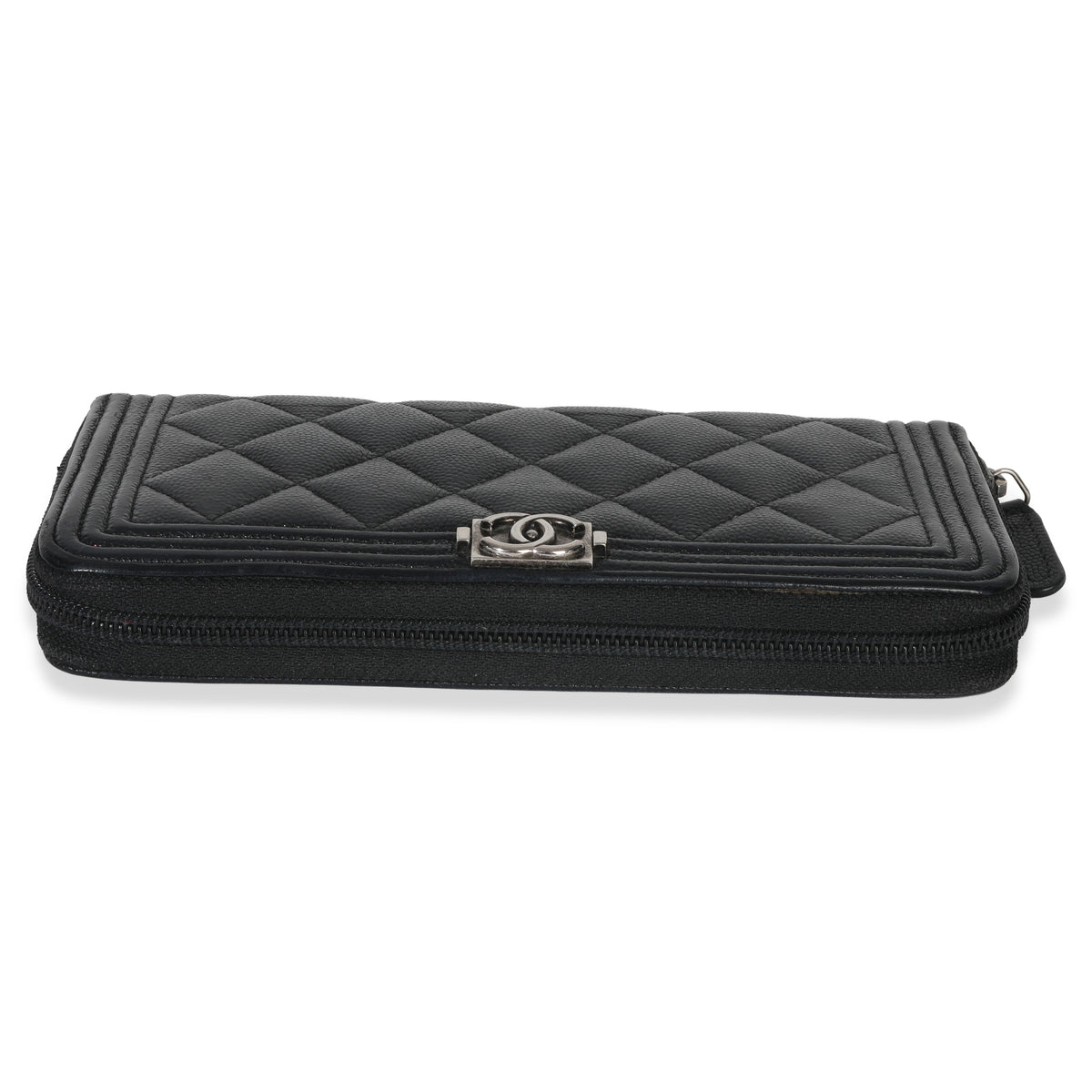 Chanel Black Quilted Caviar Zip Around Boy Long Wallet Handbag stamp