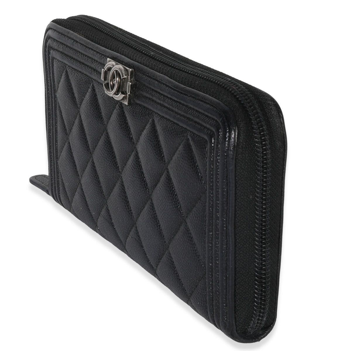 Chanel Black Quilted Caviar Zip Around Boy Long Wallet Handbag sv