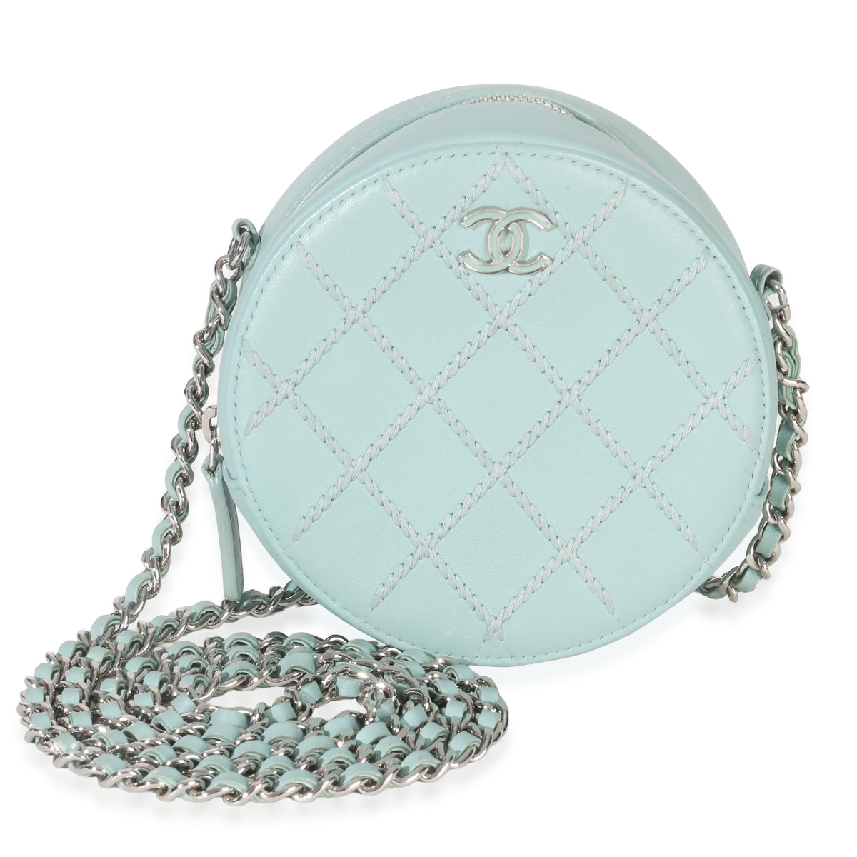 Chanel Teal Ultimate Stitch Lambskin Round Clutch On Chain Handbag fv