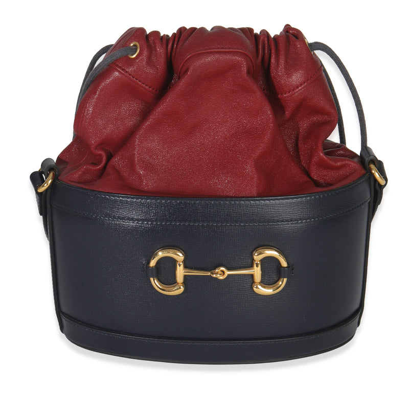 Gucci Red Navy Calfskin Horsebit 1955 Drawstring Bucket Bag Handbag fv