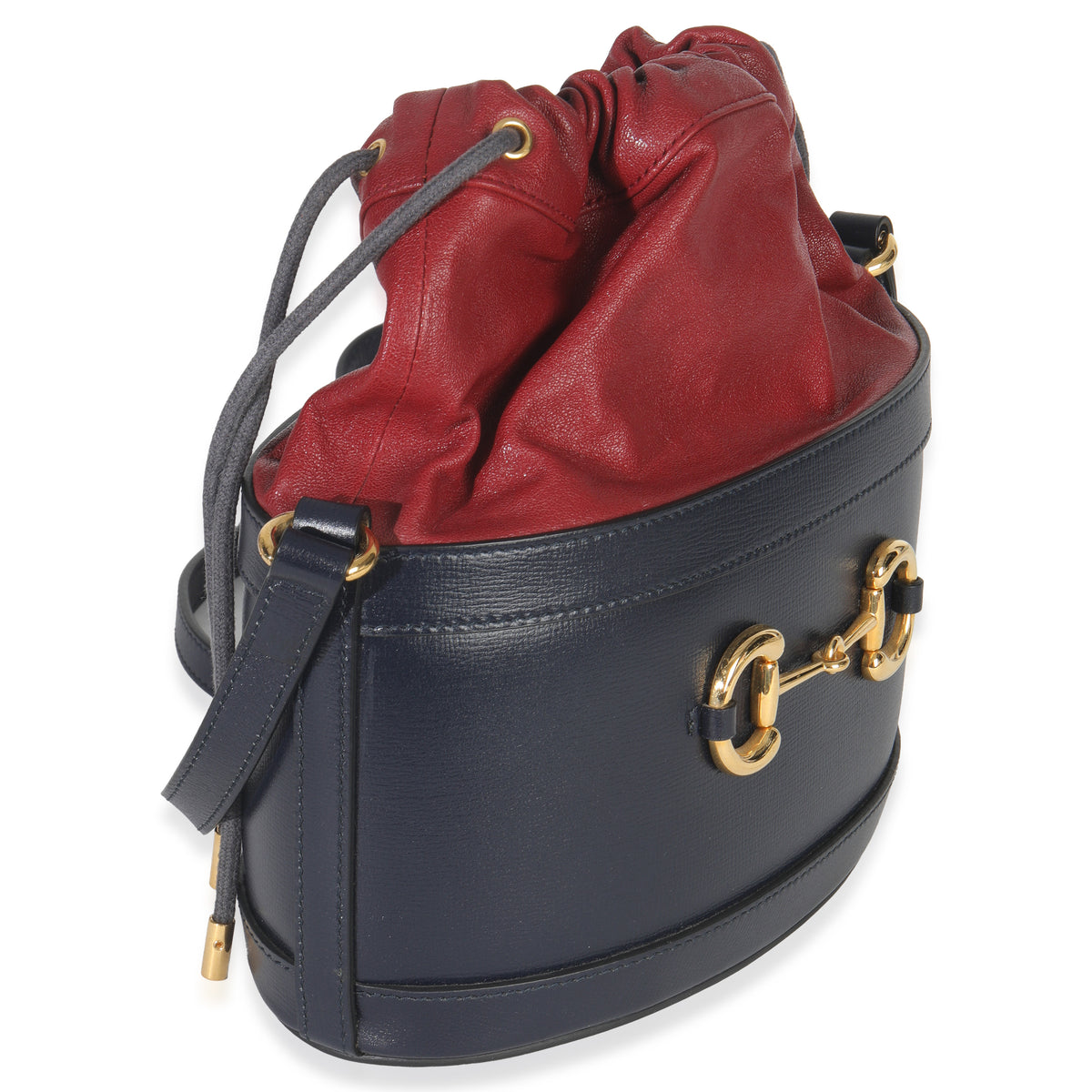 Gucci Red Navy Calfskin Horsebit 1955 Drawstring Bucket Bag Handbag pv