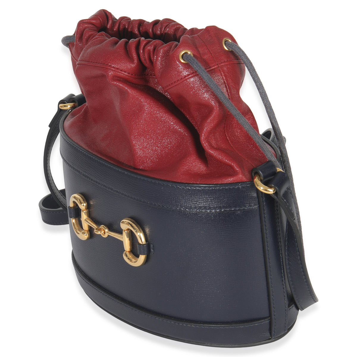 Gucci Red Navy Calfskin Horsebit 1955 Drawstring Bucket Bag Handbag sv