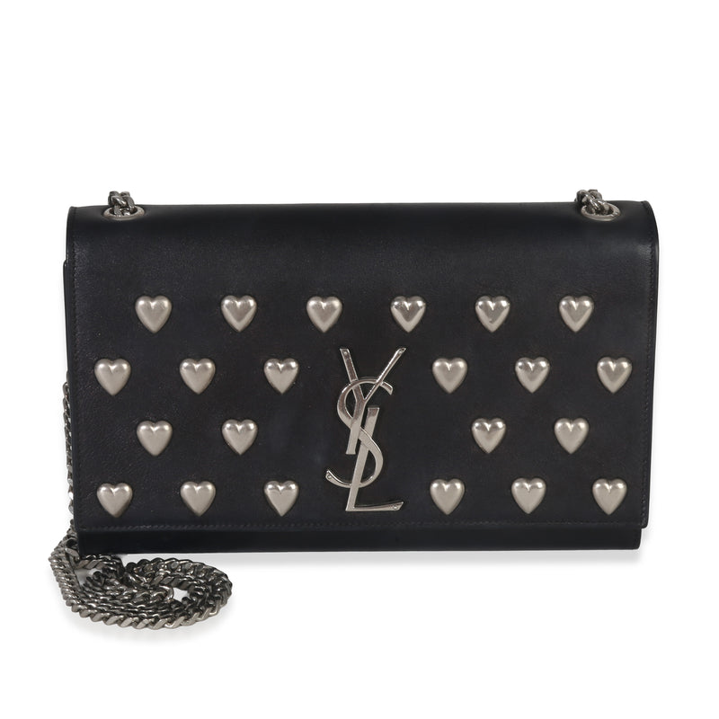 Saint Laurent Black Smooth Calfskin Studded Heart Medium Kate Chain Bag Handbag fv
