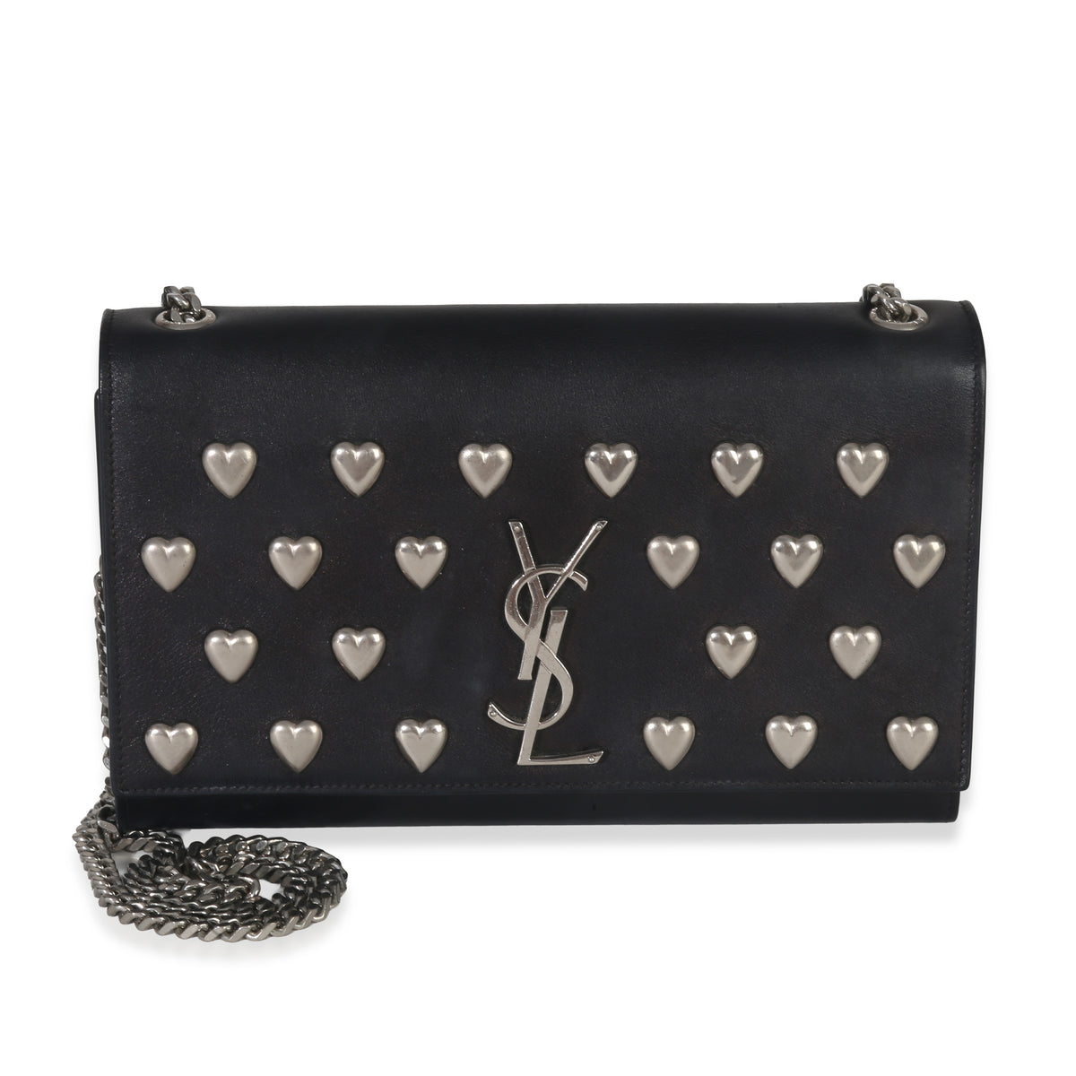 Saint Laurent Black Smooth Calfskin Studded Heart Medium Kate Chain Bag Handbag id