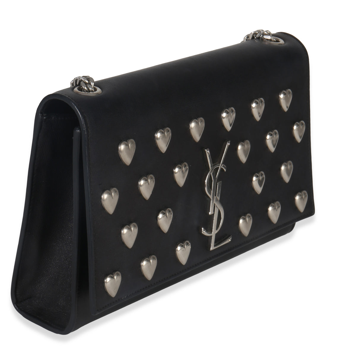 Saint Laurent Black Smooth Calfskin Studded Heart Medium Kate Chain Bag Handbag pv