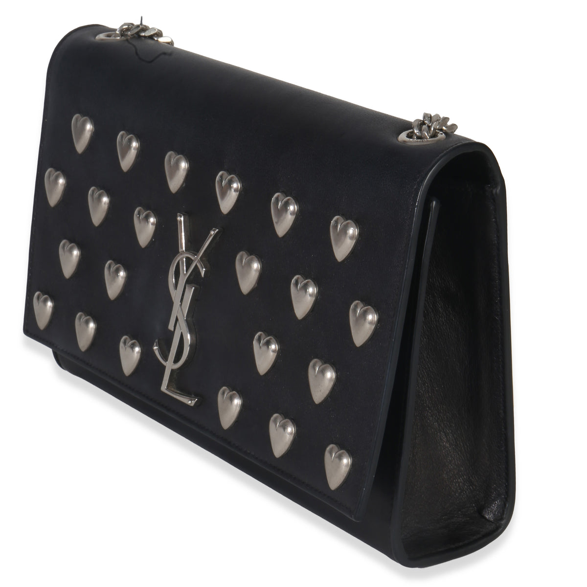 Saint Laurent Black Smooth Calfskin Studded Heart Medium Kate Chain Bag Handbag sv