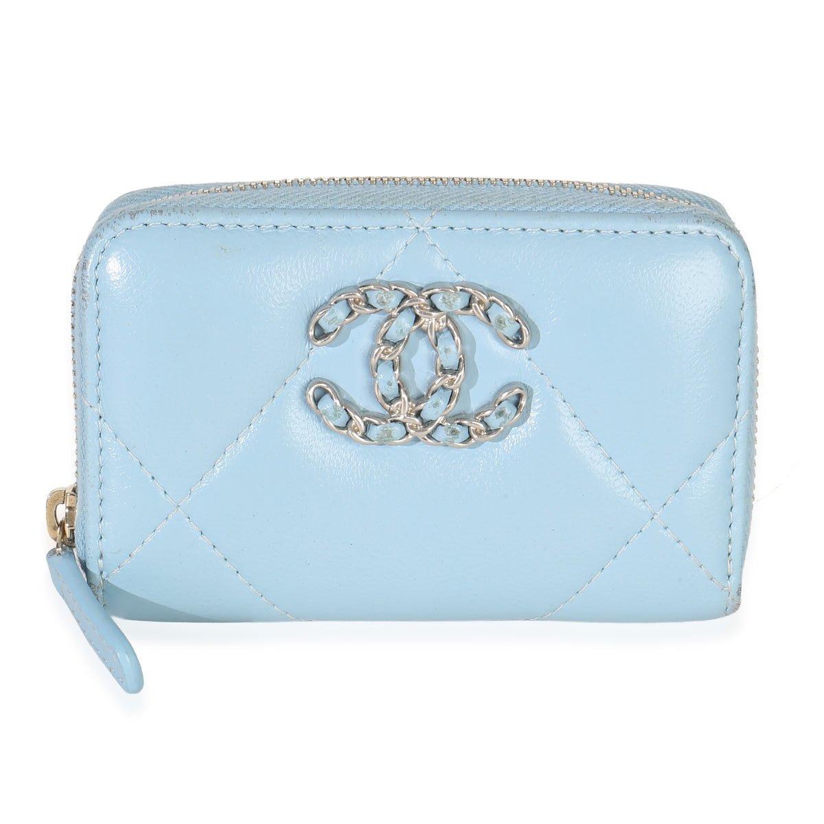 Chanel Light Blue Quilted Lambskin  19 Zip Around Coin Purse Wallet Handbag id