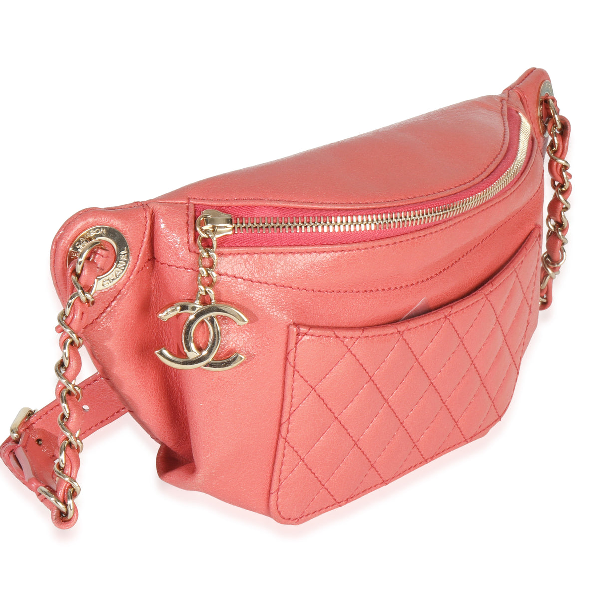 Chanel Pink Shiny Crumpled Quilted Calfskin Bi Classic Waist Bag Handbag pv